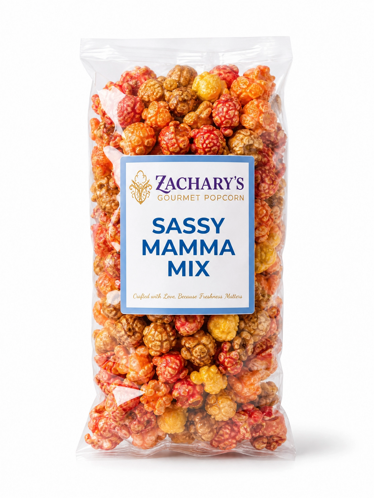 Bag of Zachary's Sassy Mamma Mix gourmet popcorn, caramel, sharp cheddar, and Fire Walker blended together