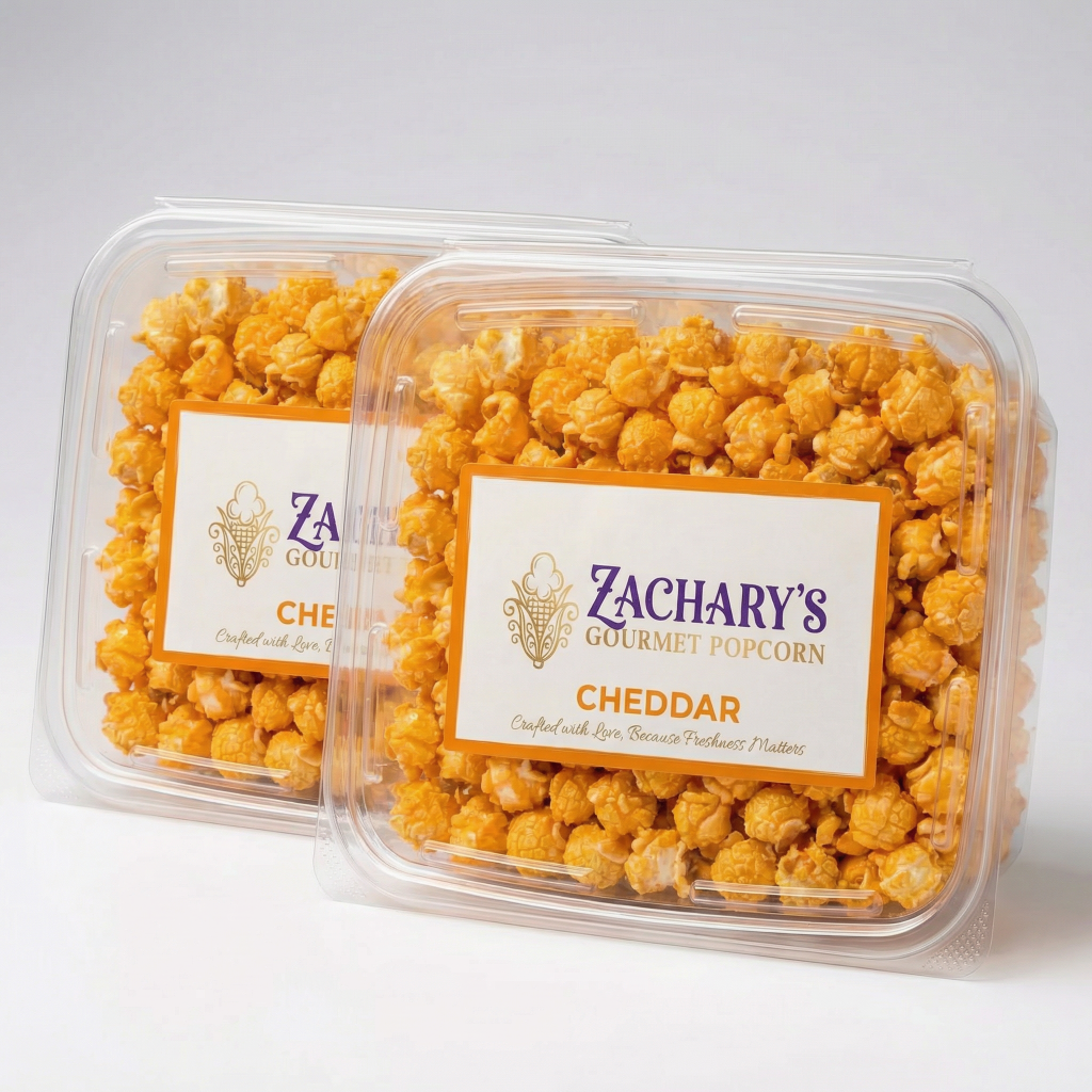 Zachary's Gourmet Popcorn Sharp Cheddar: A 8oz container of fresh, handmade savory popcorn coated in real sharp cheddar cheese.