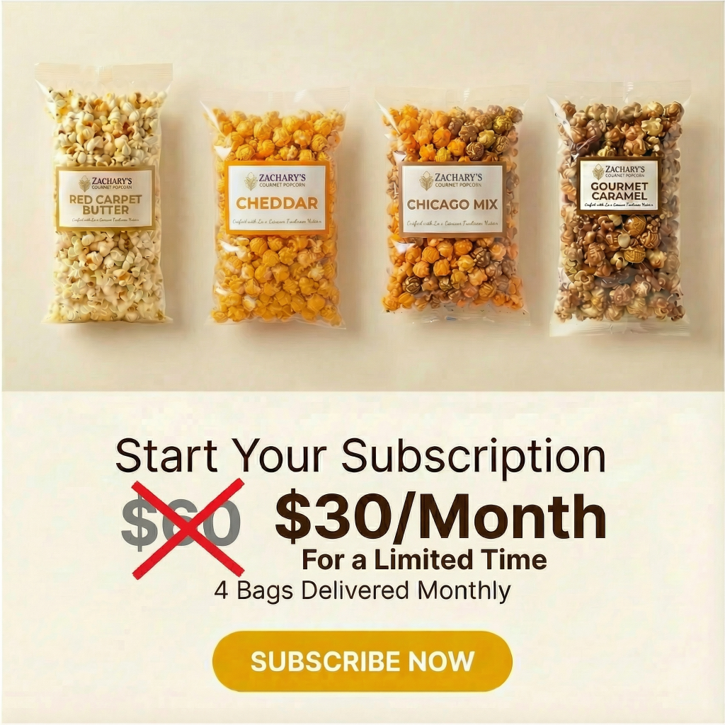 Zachary's Gourmet Popcorn subscription offer: 4 bags of gourmet popcorn delivered monthly for $30