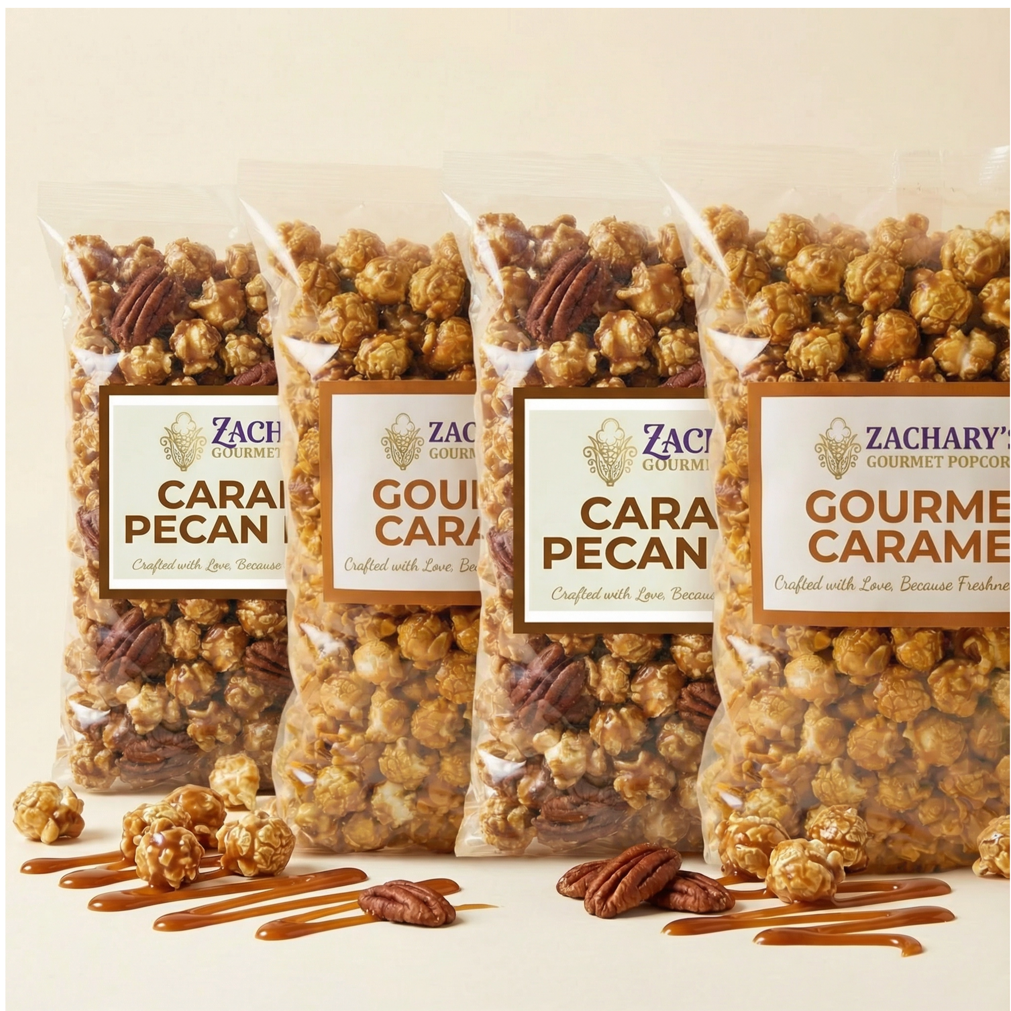 4 pack Zacharys Gourmet Popcorn Gourmet Caramel Caramel Pecan Bliss 6.0z bags
