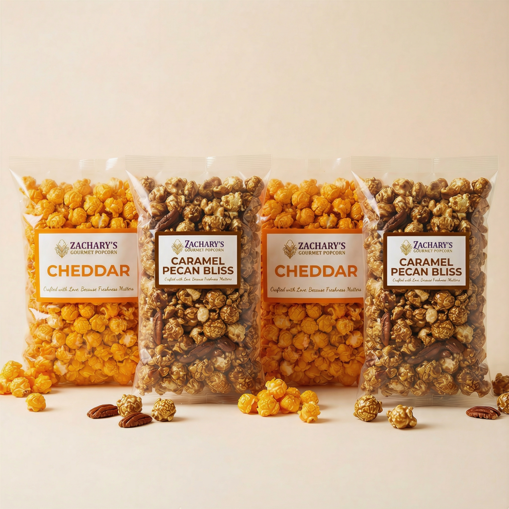Zachary's Gourmet Popcorn Subscription: 4 Bags of Handcrafted Popcorn—Cheddar and Caramel Pecan Bliss—Delivered Monthly for just $30.