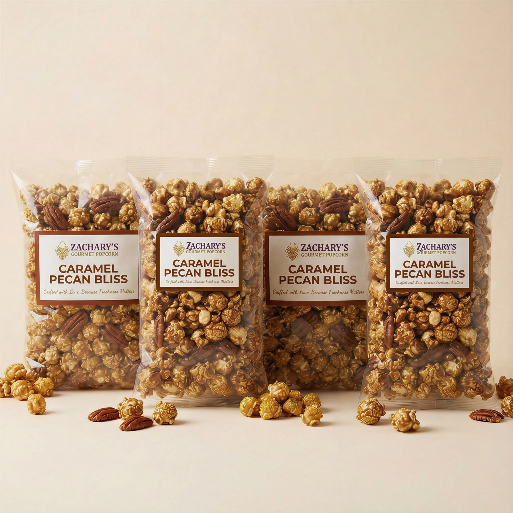 Zachary's Gourmet Popcorn 4-bag bundle: Four 6oz bags of handcrafted Caramel Pecan Bliss popcorn made with real pecans and fresh ingredients.