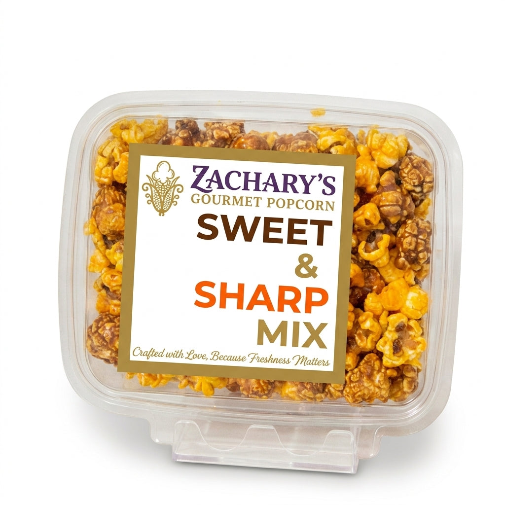 A clear plastic tub of Zachary's Gourmet Popcorn in the Sweet & Sharp Mix, showing caramel-coated popcorn pieces with a white and gold label, on a white background.