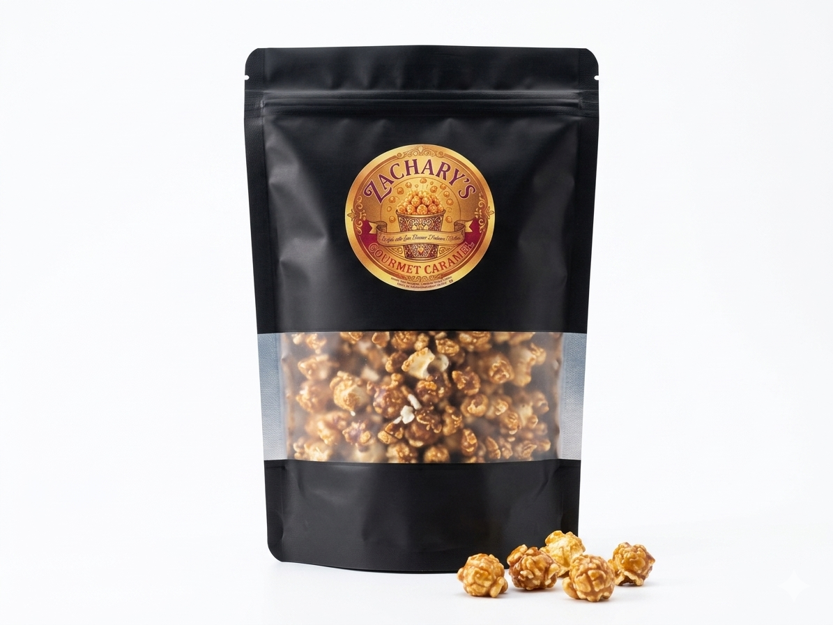 Mylar with window  popcorn bag with visible popcorn and a brand logo on a white background