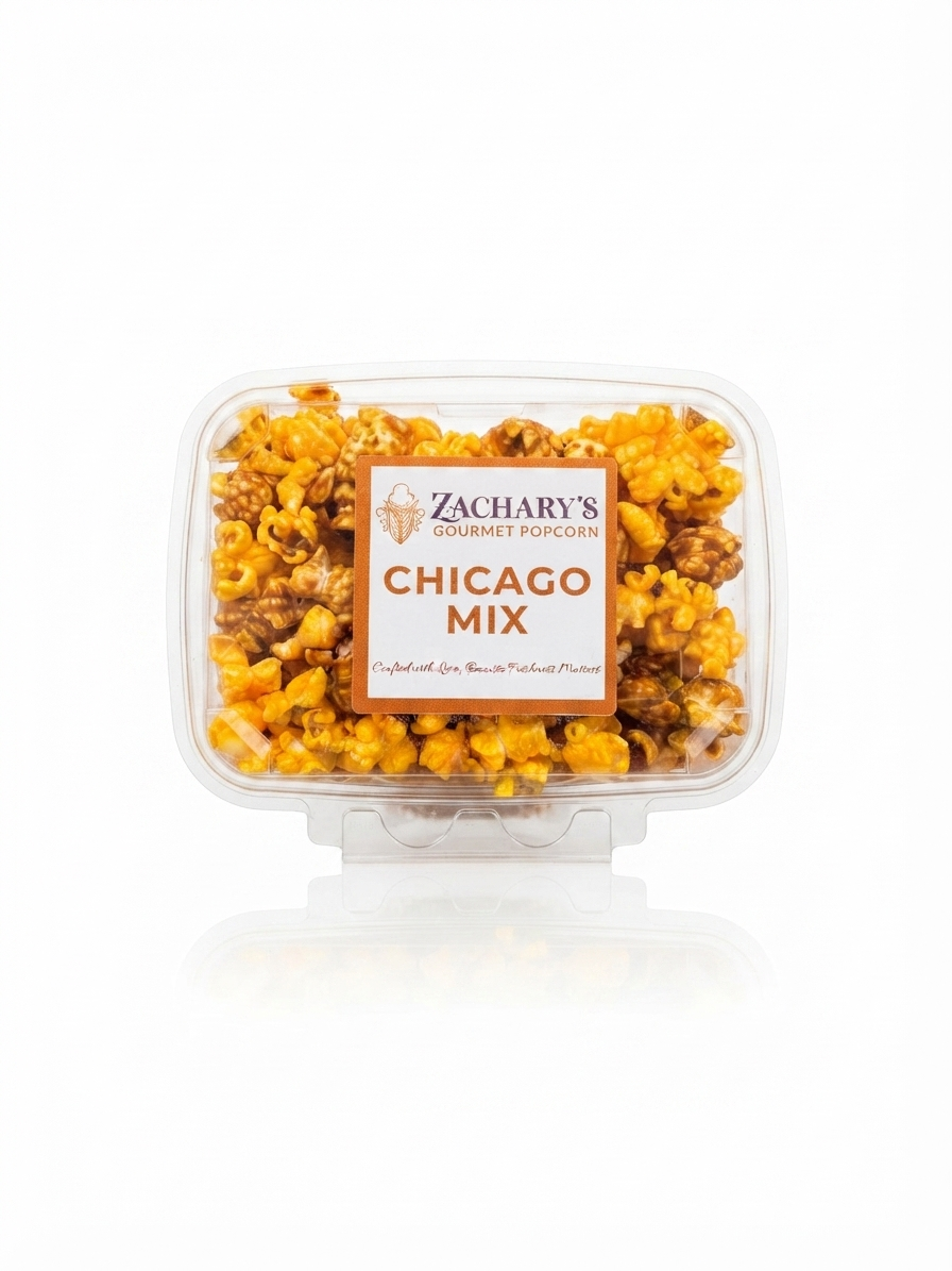 A clear plastic tub of Zachary's Gourmet Popcorn featuring Chicago Mix, showing yellow and brown caramel popcorn inside, set against a clean white background with a subtle reflection.