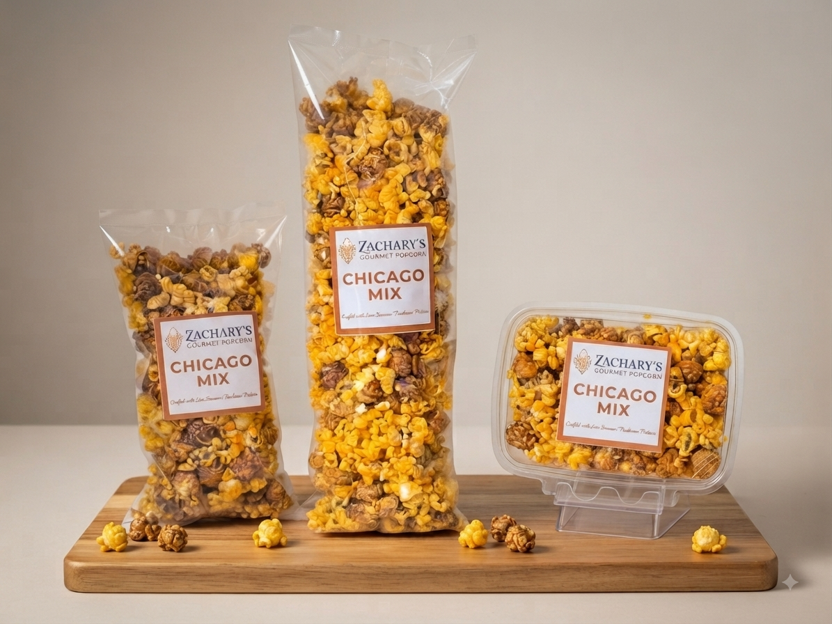Three bags and one container of Zachary's Chicago Mix popcorn displayed on a wooden board against a neutral beige background.
