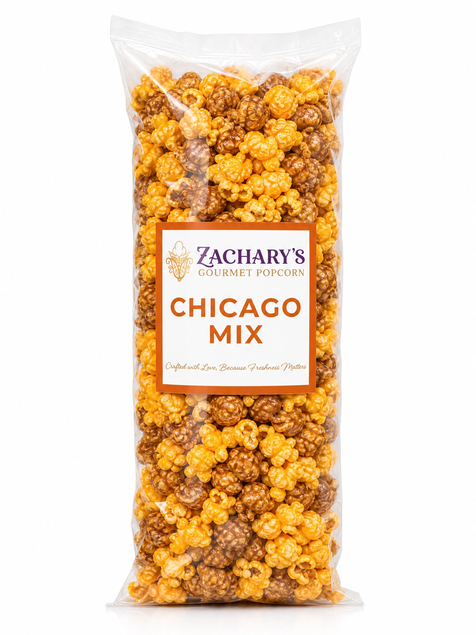 Single large party-size bag of Zachary's Chicago Mix gourmet popcorn, caramel and cheddar kernel blend with orange and white label