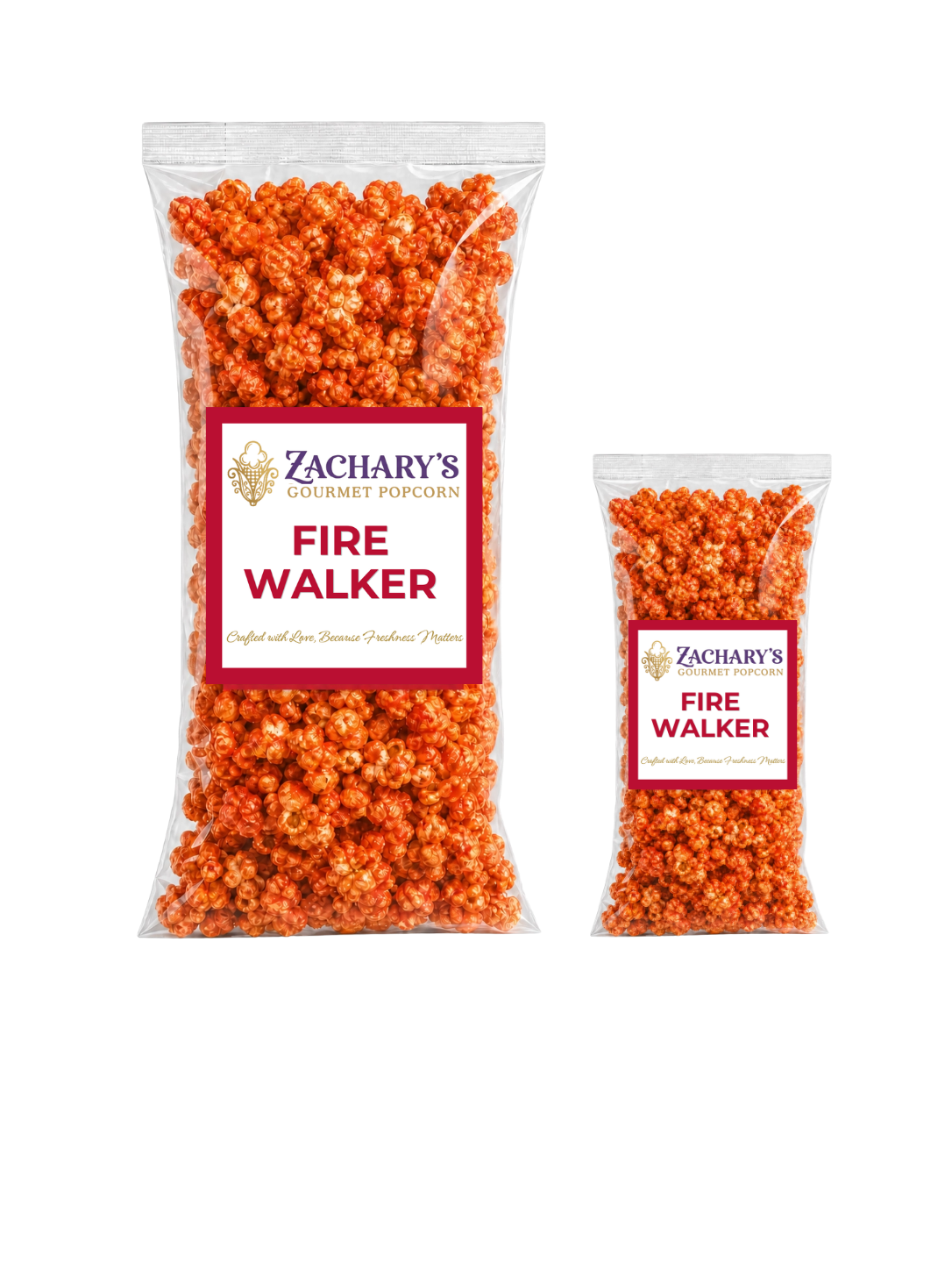 Two sizes of Zachary's Fire Walker gourmet popcorn side by side, large party bag and smaller shareable bag, orange spicy-coated kernels with red and white labels