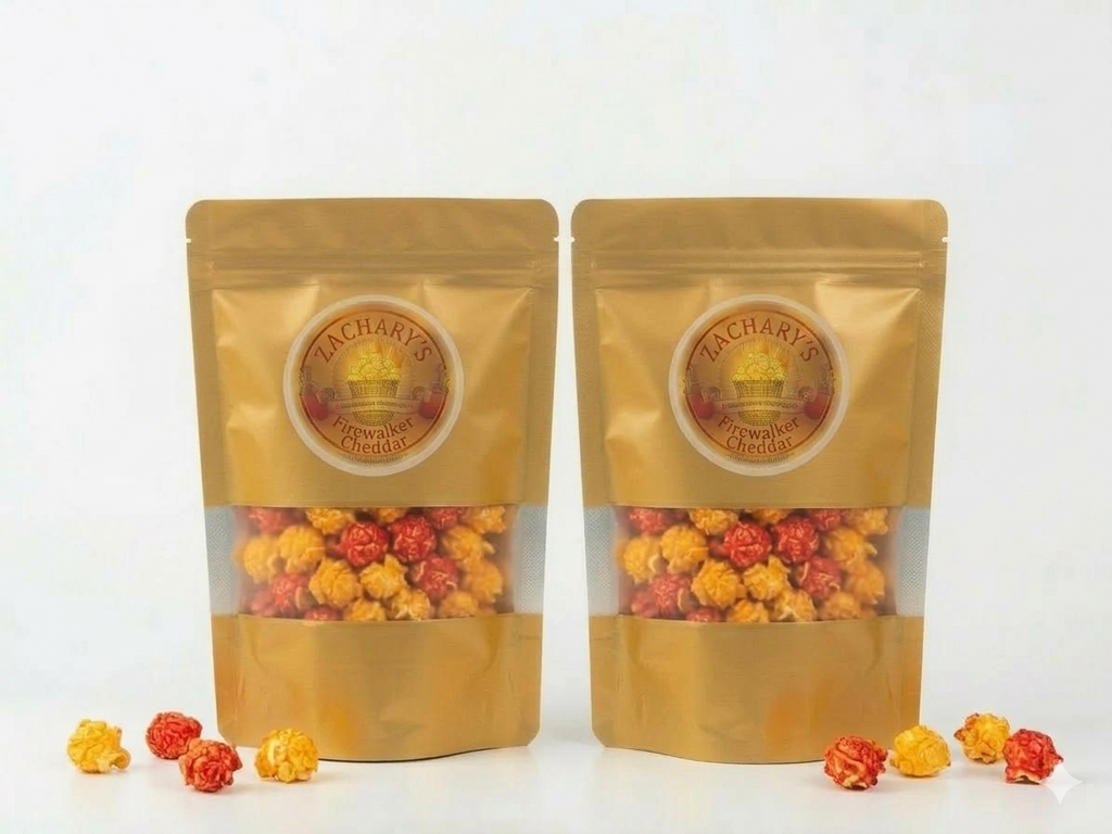 Handcrafted gourmet popcorn snack bags from Zachary's in Chicago
