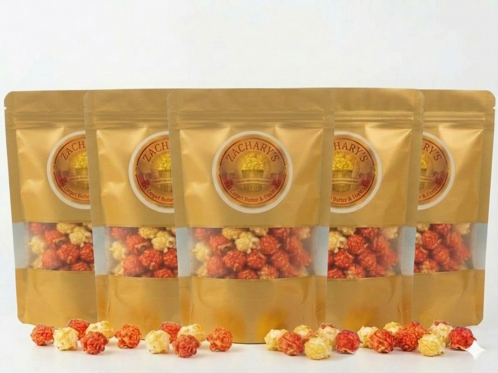 Zachary's gourmet popcorn gold matte bags for events and party favors