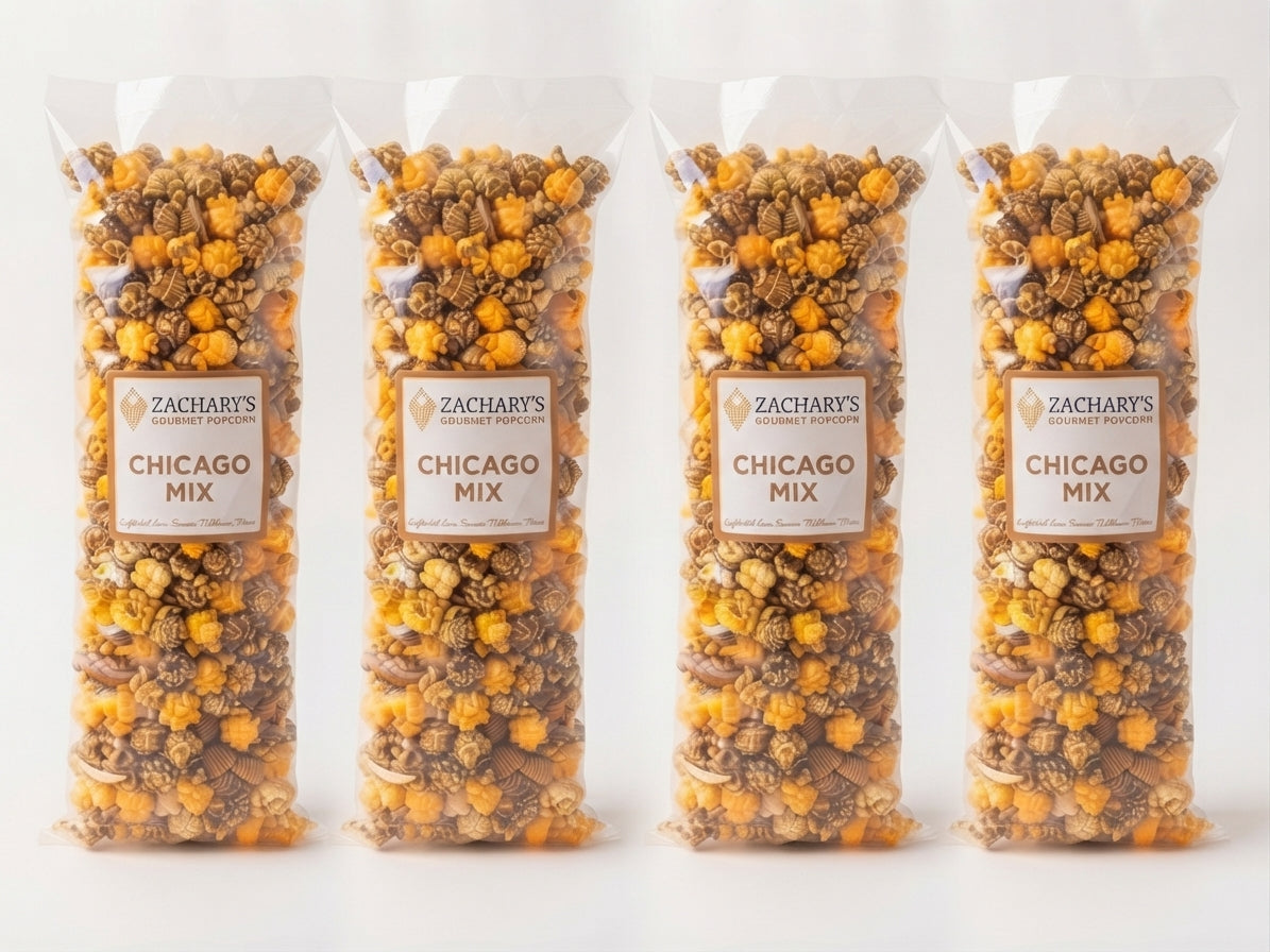 Four bags of Zachary's Chicago Mix gourmet popcorn lined up, caramel and cheddar blend