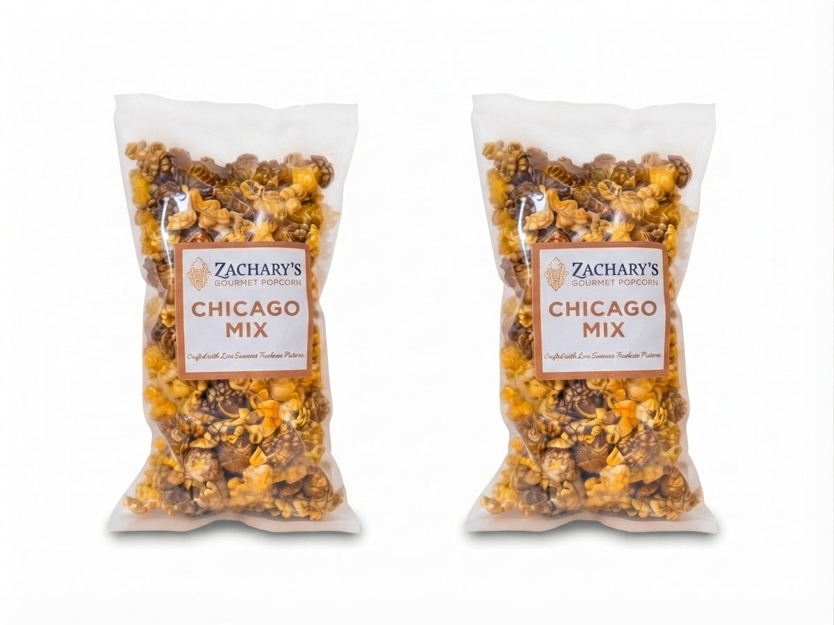 Two bags of Zachary's Chicago Mix popcorn side by side, handcrafted in Chicago