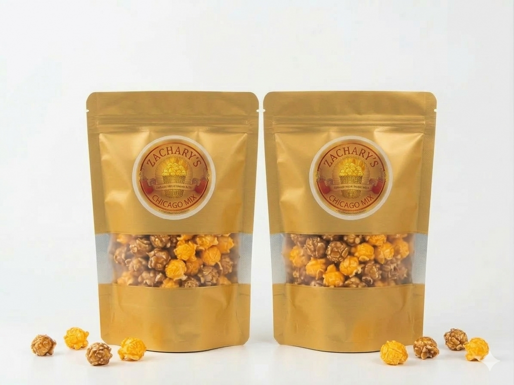 Gold snack bag of handcrafted gourmet popcorn from Chicago