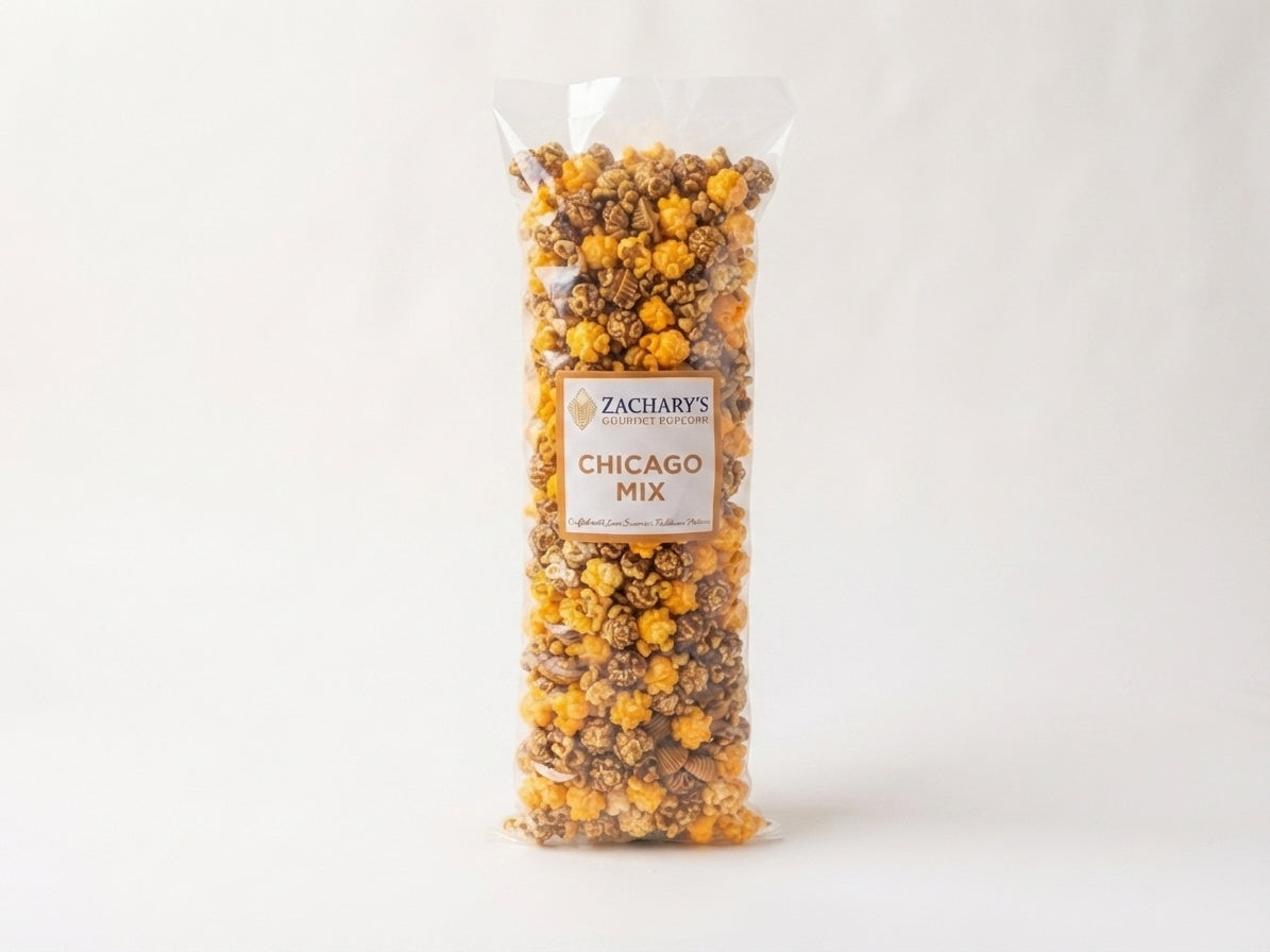 Zachary's Chicago Mix popcorn in a resealable gift box, sweet and savory blend