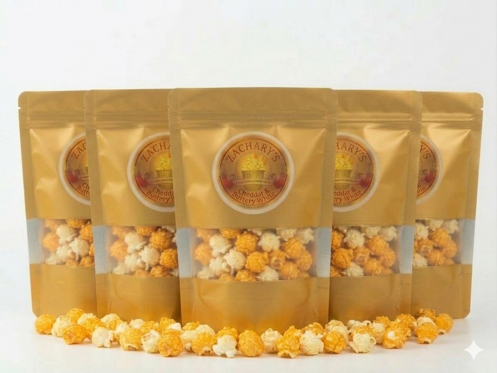 Gold snack bags of handcrafted popcorn, sized for impulse purchase