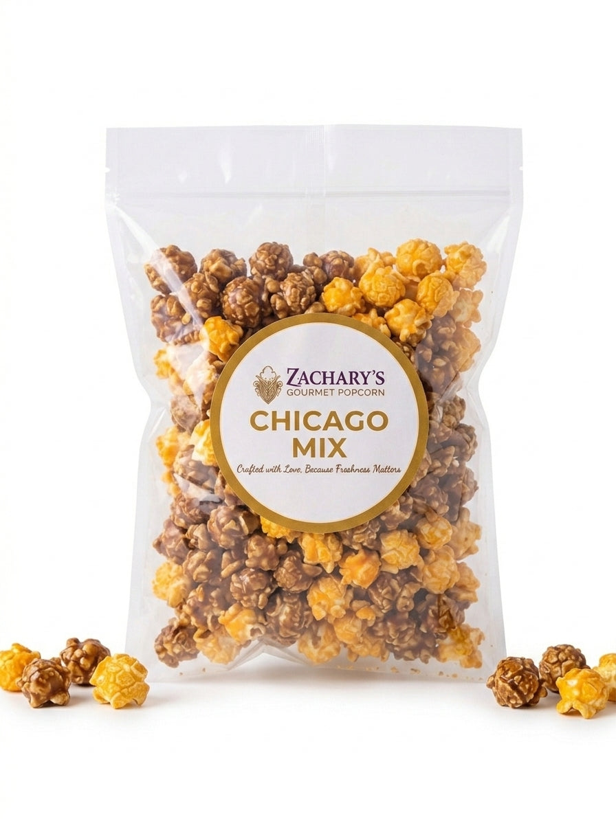 Zachary's Chicago Mix gourmet popcorn, popped fresh in Chicago and shipped in 48 hours