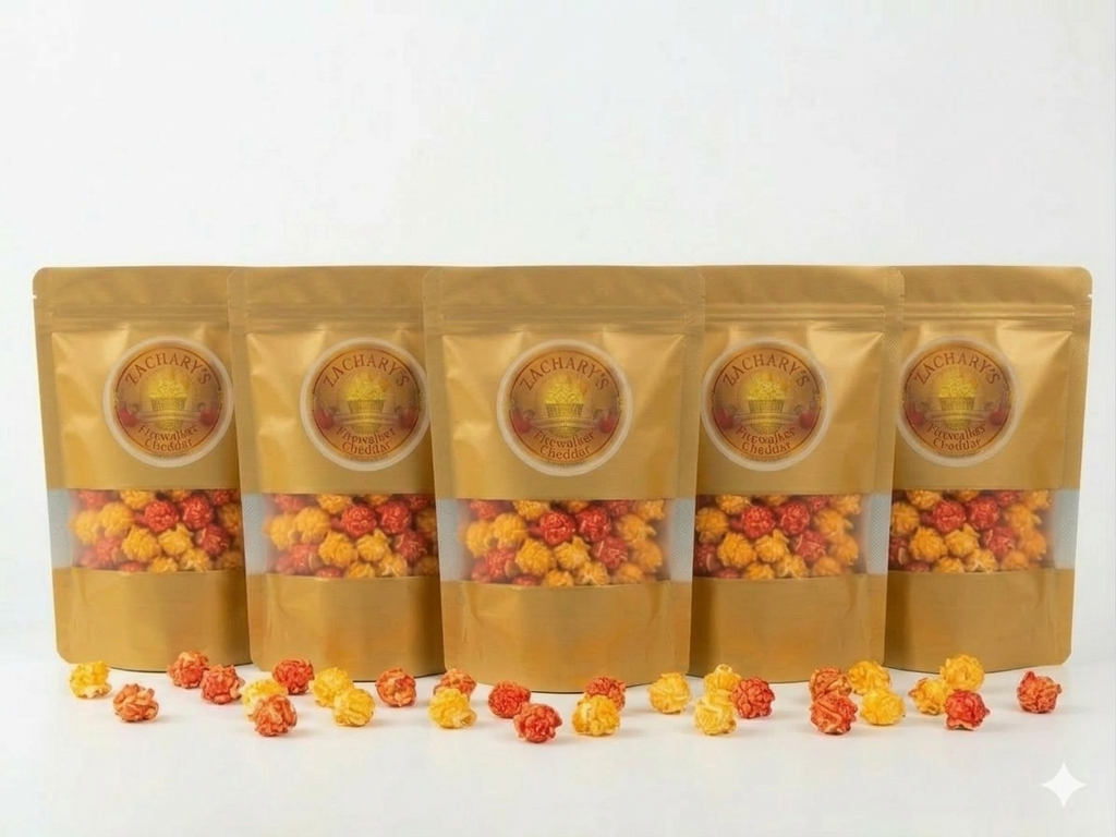 Zachary's handcrafted gourmet popcorn in gold retail snack bags