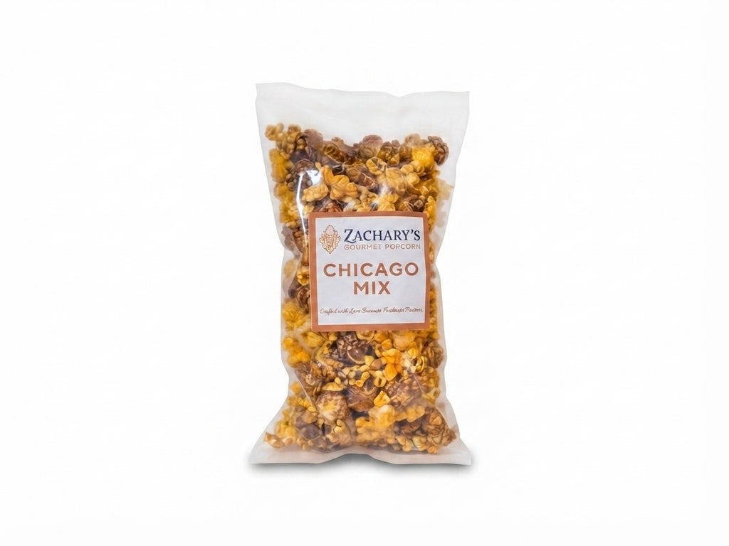 Zachary's Chicago Mix gourmet popcorn in a medium bag, caramel and sharp cheddar tumbled together