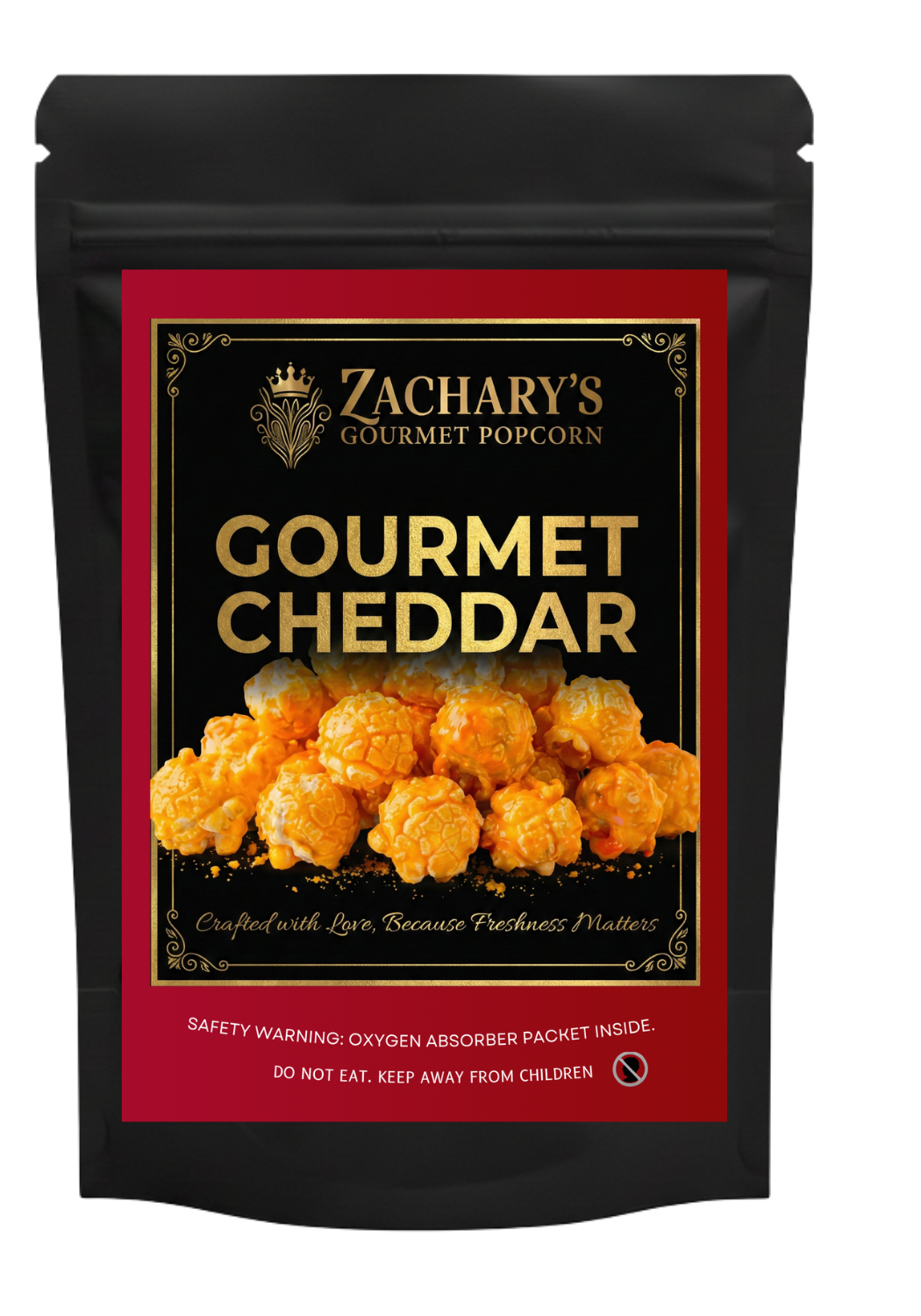 Zachary's Gourmet Popcorn Sharp Cheddar: A 5oz bag of fresh, handmade savory popcorn coated in real sharp cheddar cheese.