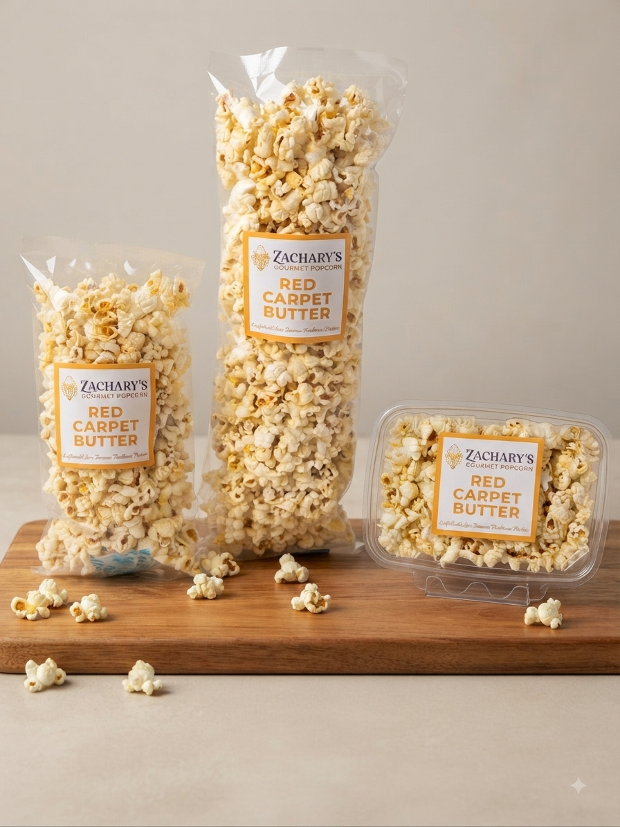 Three bags and one clear container of Zachary's Red Carpet Butter popcorn arranged on a wooden board against a neutral beige background.