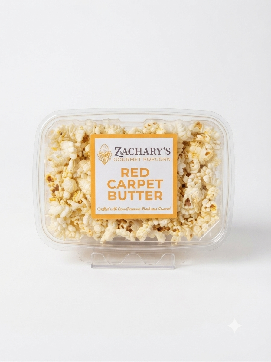 A clear plastic tub of Zachary's Gourmet Popcorn in the Red Carpet Butter flavor, filled with lightly buttered popcorn, on a clean white background.