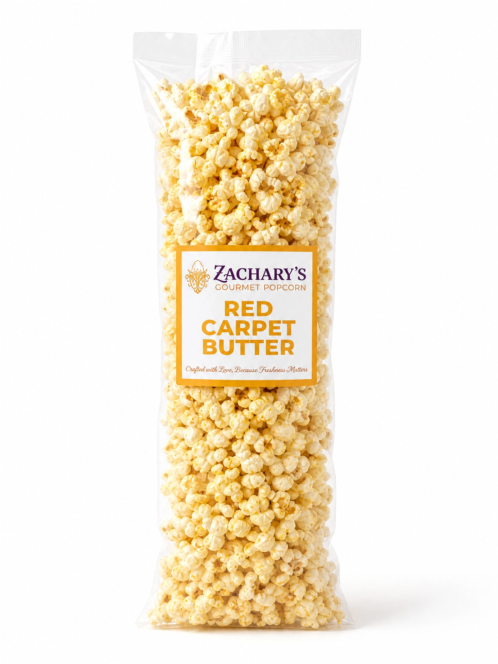Single large party-size bag of Zachary's Red Carpet Butter gourmet popcorn, classic golden buttery kernels with gold and white label