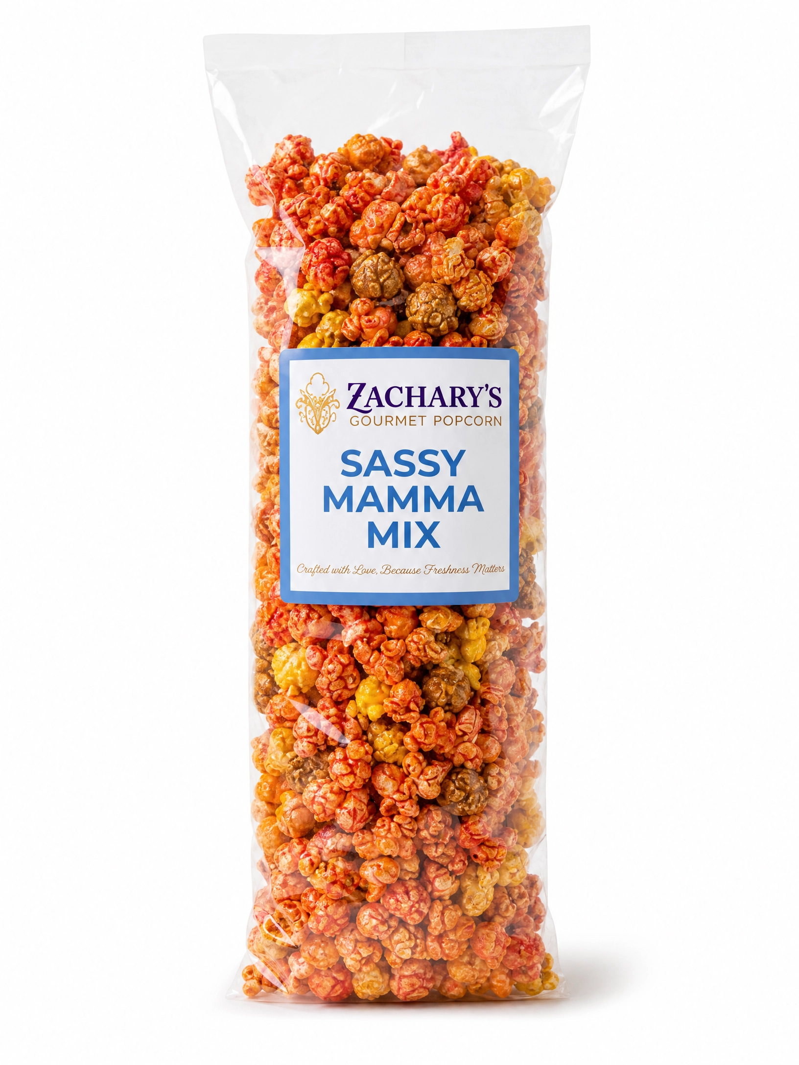 Single large party-size bag of Zachary's Sassy Mamma Mix gourmet popcorn, sweet and savory caramel-Cheddar, spicy kernel blend with blue and white label