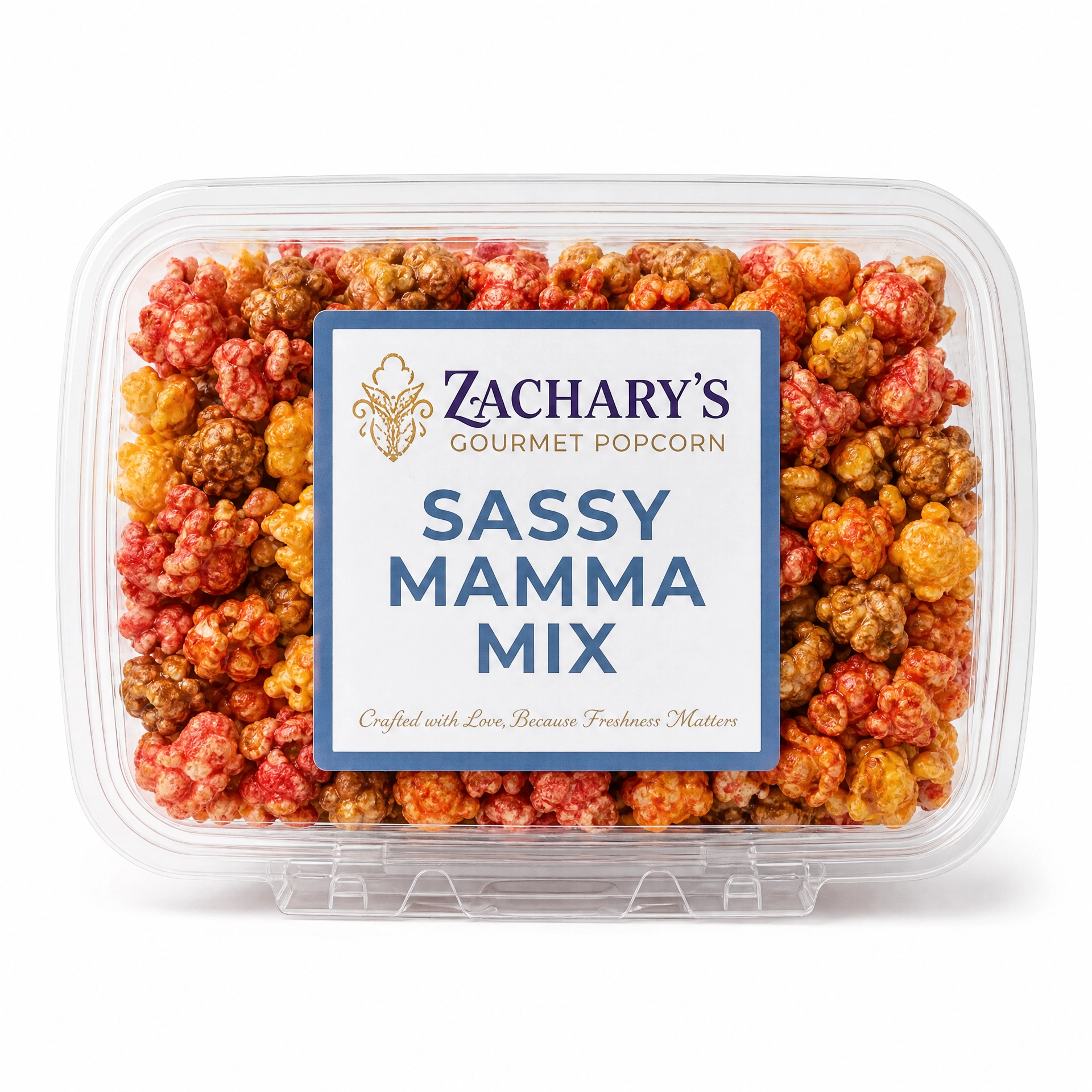 Close-up of Zachary's Sassy Mamma Mix gourmet popcorn, sweet and savory caramel-Cheddar, spicy kernel blend with blue and white label