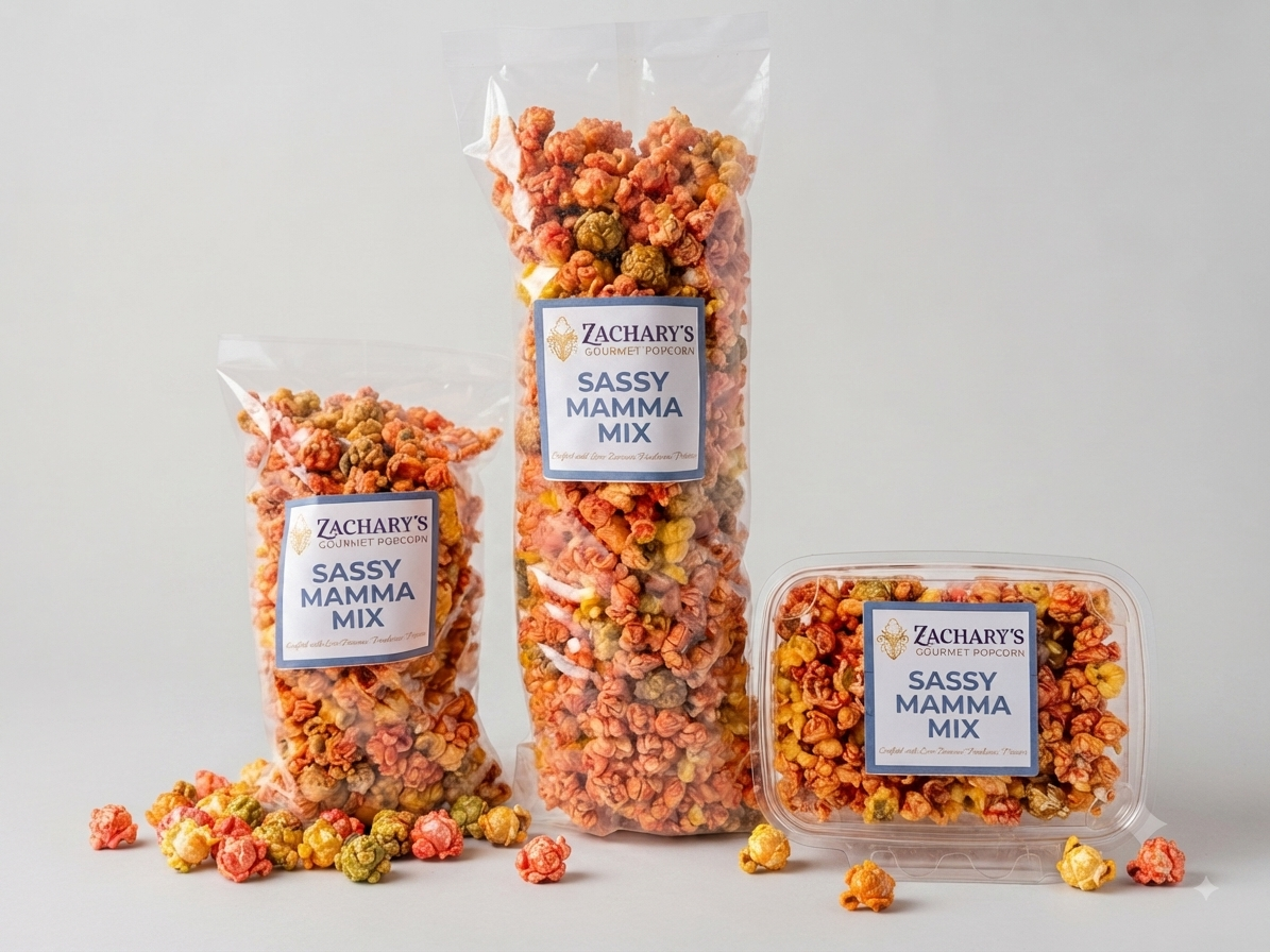 Three sizes of Zachary's Sassy Mamma Mix gourmet popcorn — spicy, cheddar, and caramel blend with blue and white labels