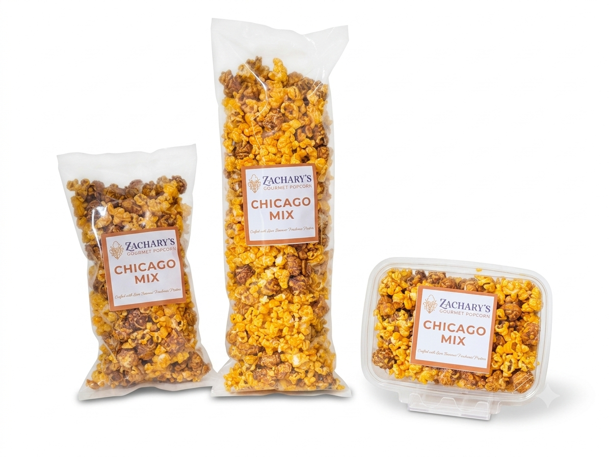 Three bags and one clear plastic tub of Zachary's Chicago Mix popcorn on a white background.