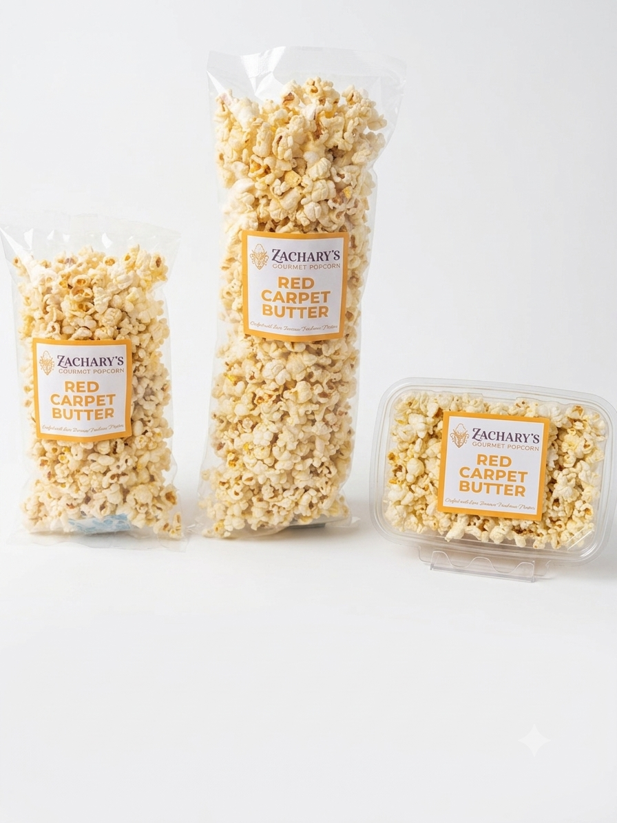Three bags of Zachary's Red Carpet Butter popcorn in clear packaging, including two clear plastic bags and one clear container, arranged on a white background.