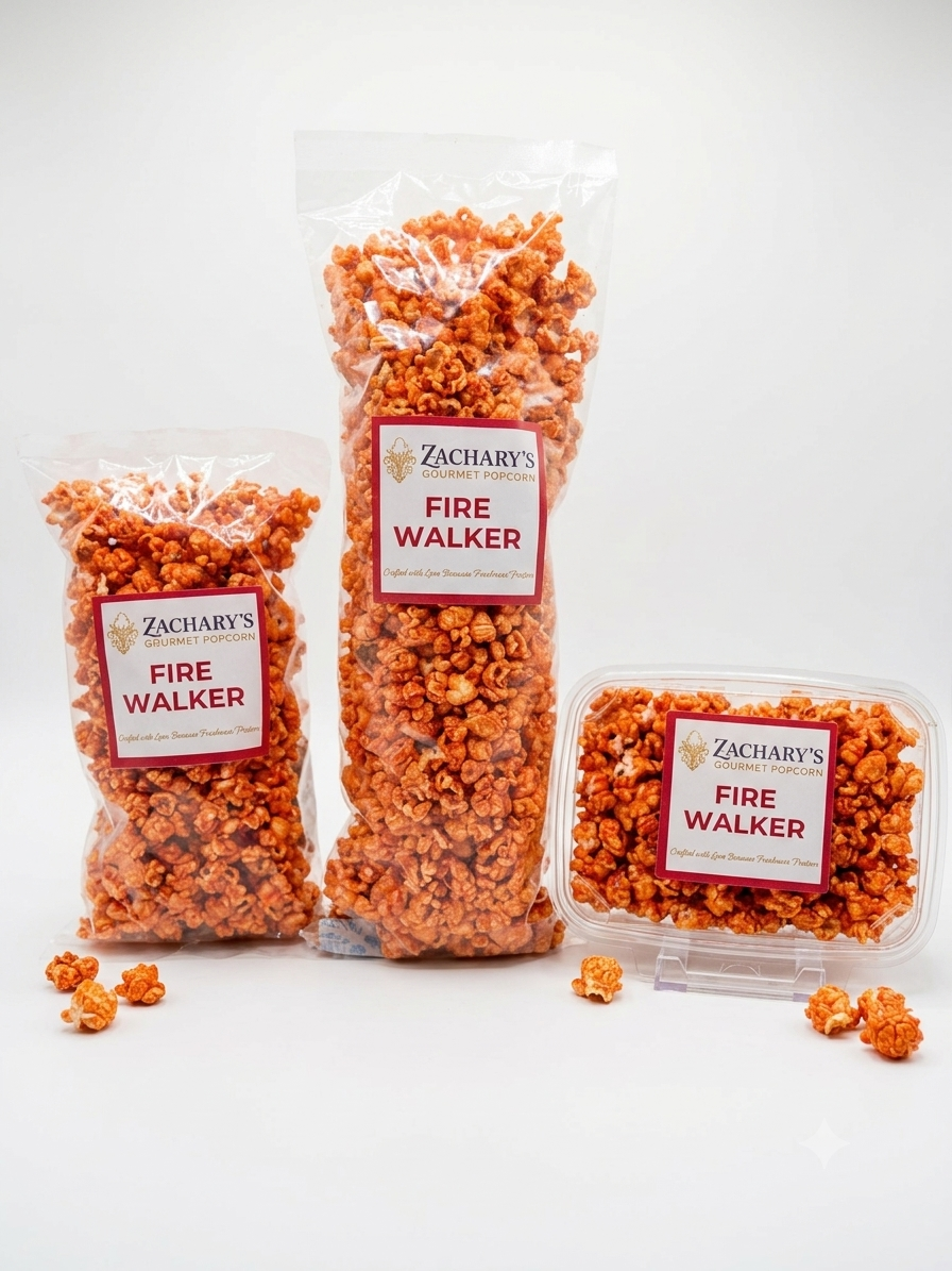 Three bags and one clear plastic tub of orange-brown popcorn labeled 'ZACHARY'S FIRE WALKER' on a clean white background.
