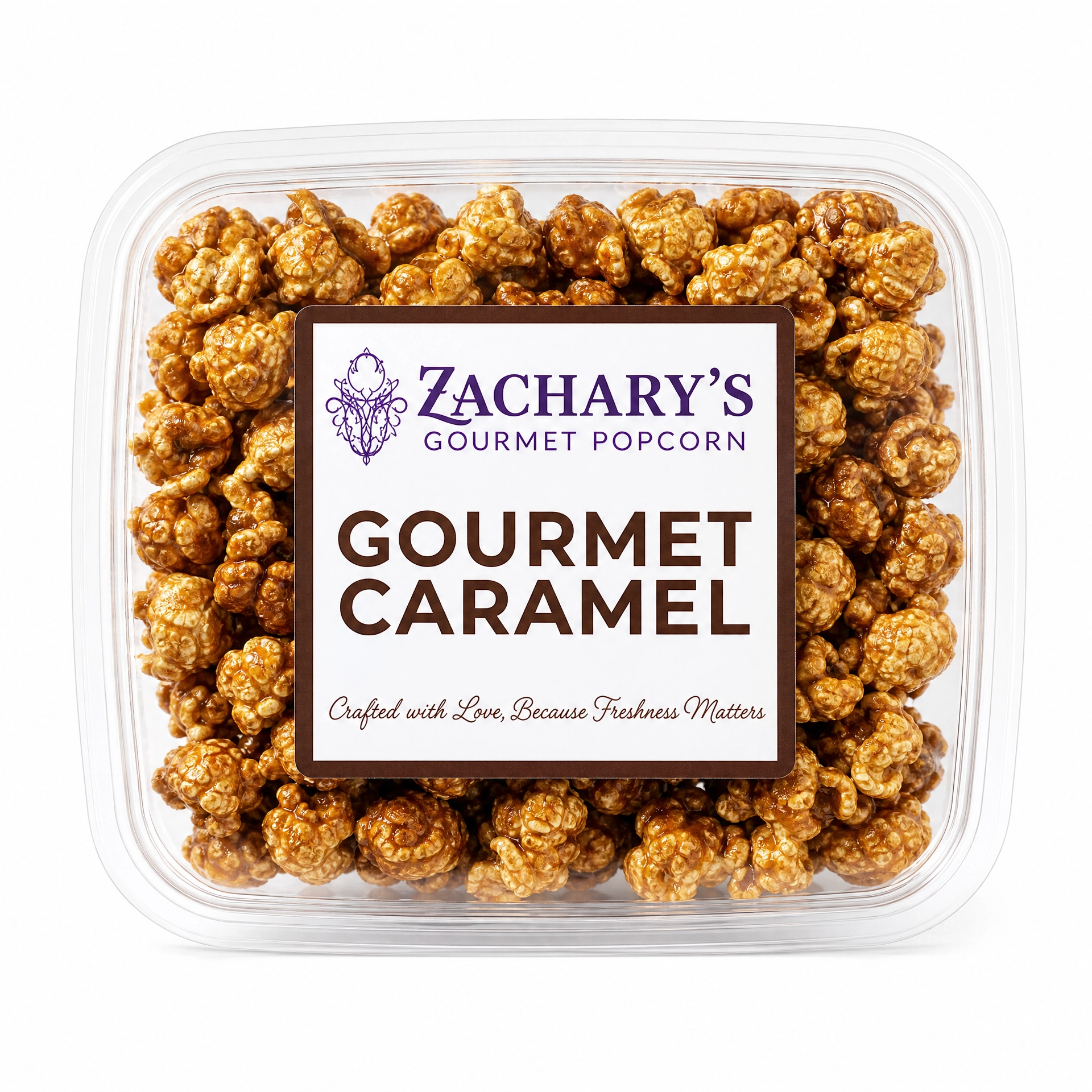 Zachary's Gourmet Caramel Popcorn – Clear resealable gift box filled with glossy caramel-coated popcorn, ideal for gifting