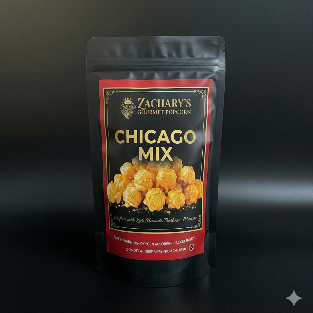 Close-up of Zachary's Chicago Mix label showing ornate gold borders and crown logo on matte black packaging