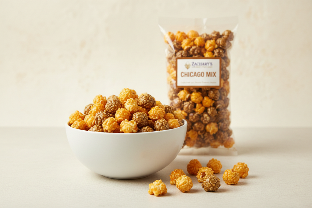 Zachary's Chicago Mix Popcorn in modern ceramic bowl - lifestyle shot