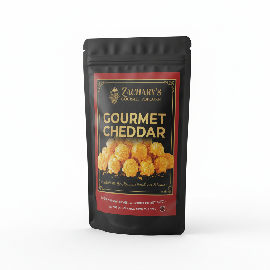 Zachary's Gourmet Cheddar Popcorn - Premium matte black bag with elegant gold label on white background