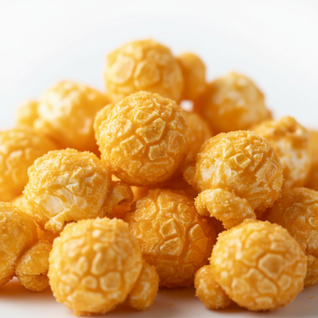 Close-up of Zachary's cheddar-coated popcorn kernels showing premium cheese coating