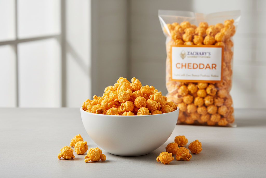 Zachary's Gourmet Cheddar Popcorn in modern ceramic bowl - lifestyle shot