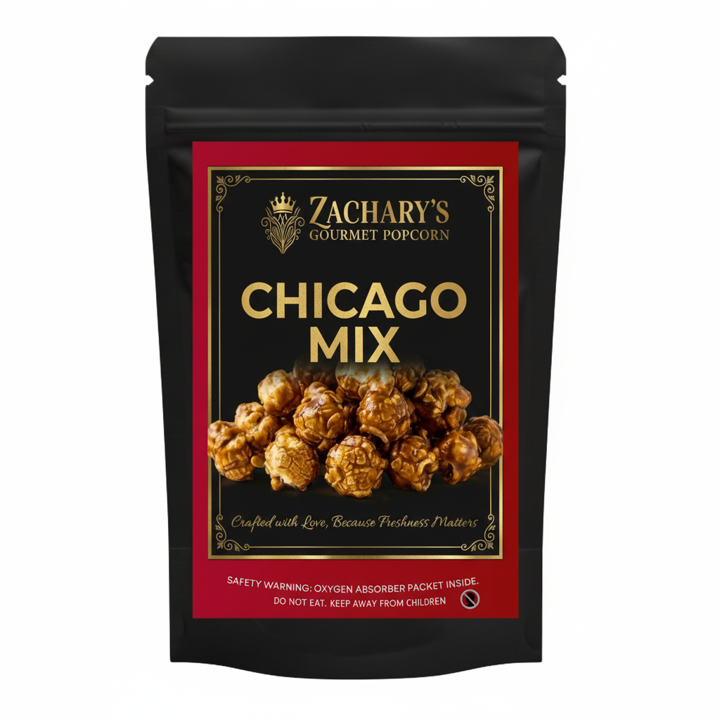 Zachary's Chicago Mix Gourmet Popcorn - Premium matte black bag with elegant gold label on white background