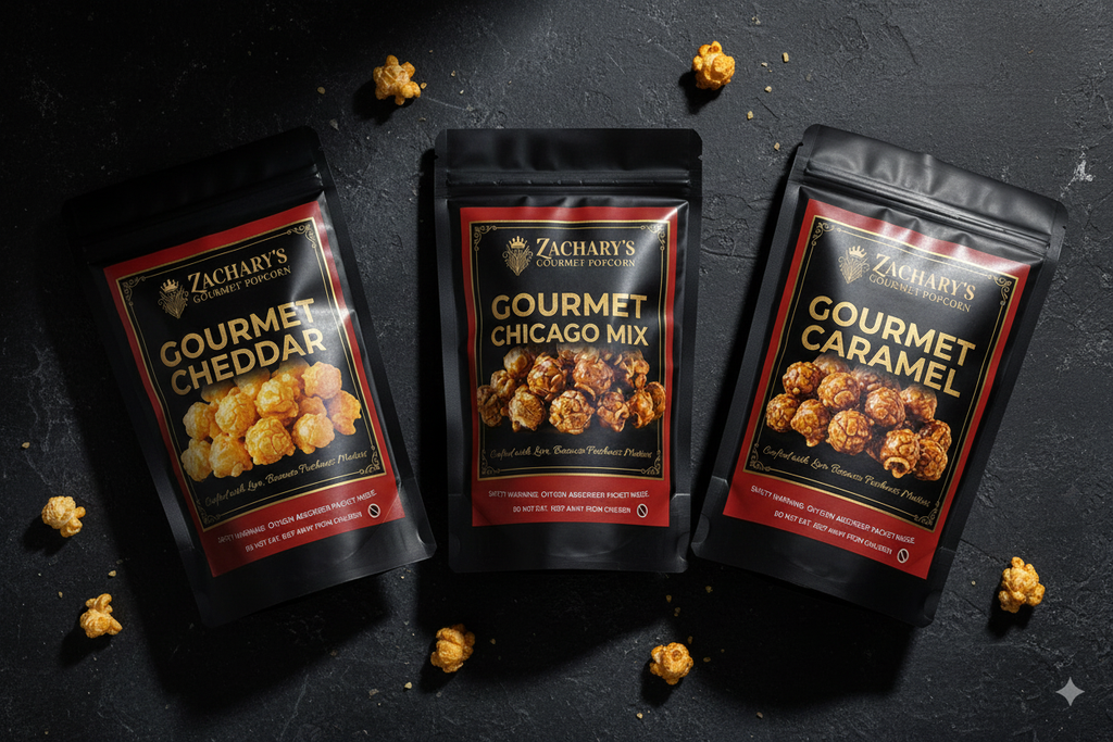 Zachary's Gourmet Popcorn wholesale display - Chicago Mix, Caramel, and Cheddar bags with premium gold label branding