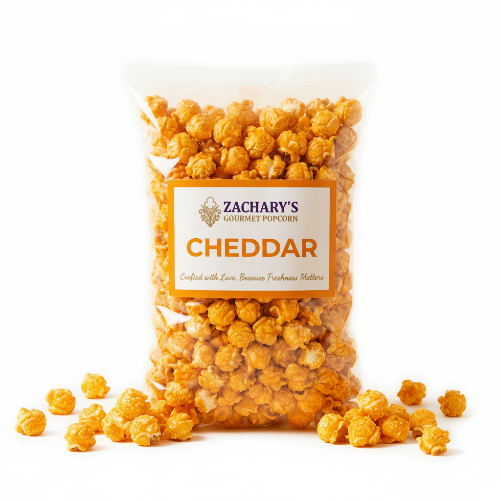 Zachary's Gourmet Sharp Cheddar Popcorn - Premium cheddar popcorn on white background