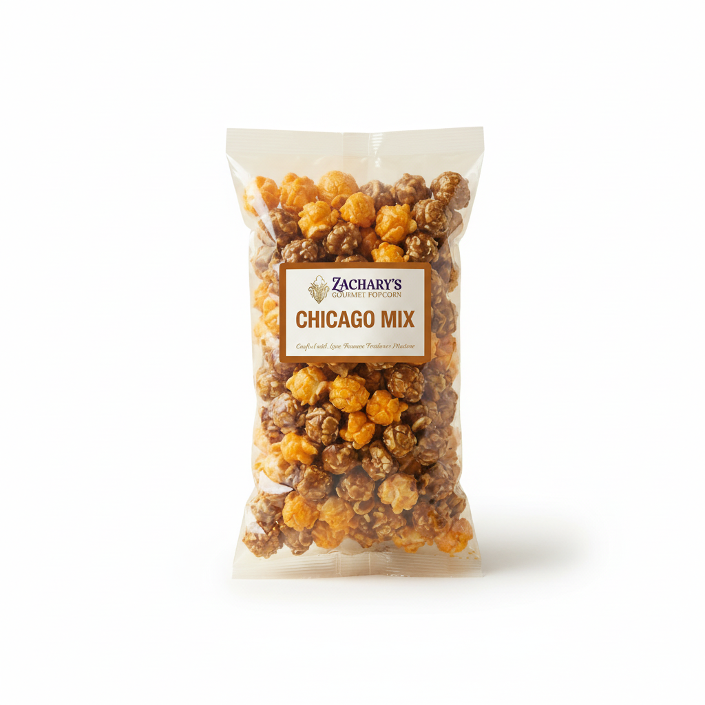 Zachary's Chicago Mix Gourmet Popcorn - Sweet caramel and savory cheddar blend on white background
