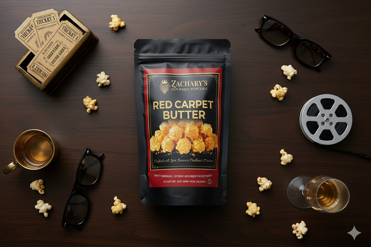 Zachary's Red Carpet Butter Popcorn styled in upscale boutique hotel room setting