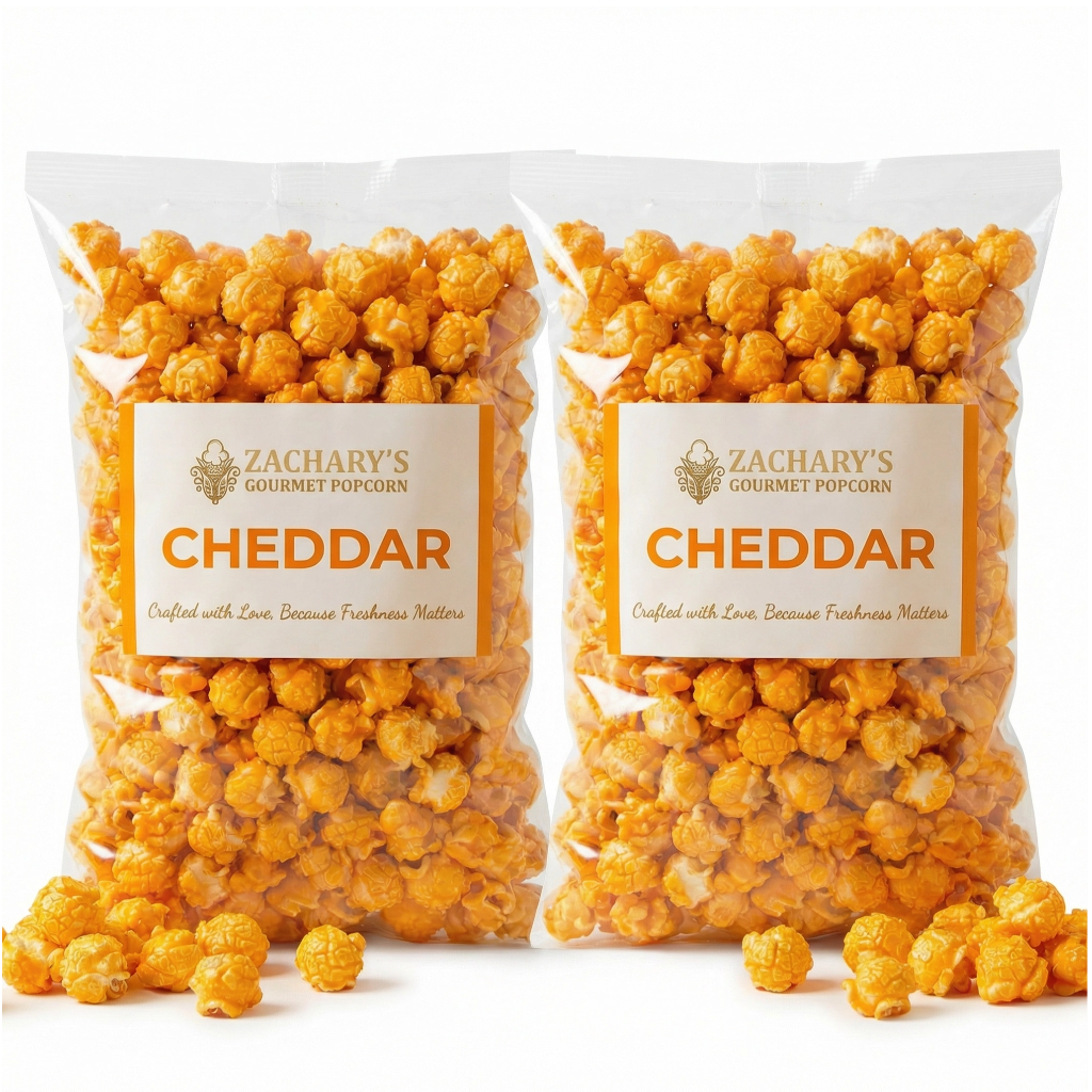 Zachary's Gourmet Popcorn Sharp Cheddar: Four 6oz bags of fresh, handmade savory popcorn coated in real sharp cheddar cheese.
