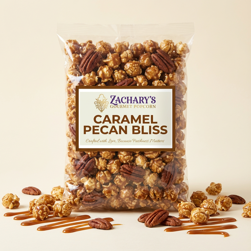 Zachary's Gourmet Popcorn: Caramel Pecan Bliss 6oz bag featuring fresh handmade caramel corn and whole roasted pecans.