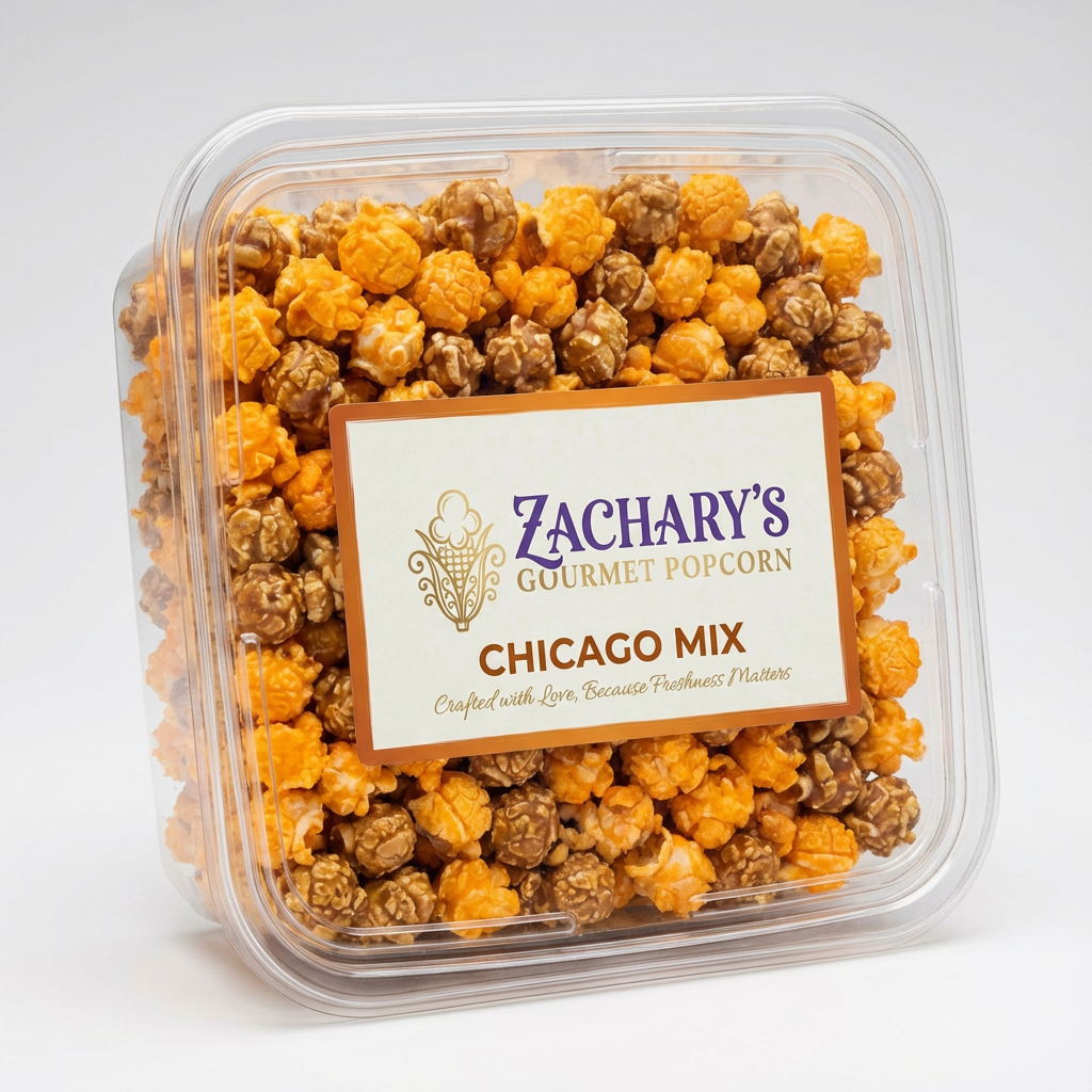 Zachary's Gourmet Popcorn Chicago Mix: A 8oz container featuring our signature sweet and salty blend of Gourmet Caramel and Sharp Cheddar popcorn.