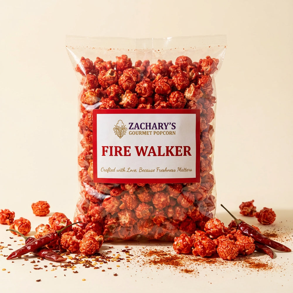 Zachary's Gourmet Popcorn Firewalker: Spicy gourmet popcorn with a heat-packed kick, handmade with premium peppers and high-quality kernels.