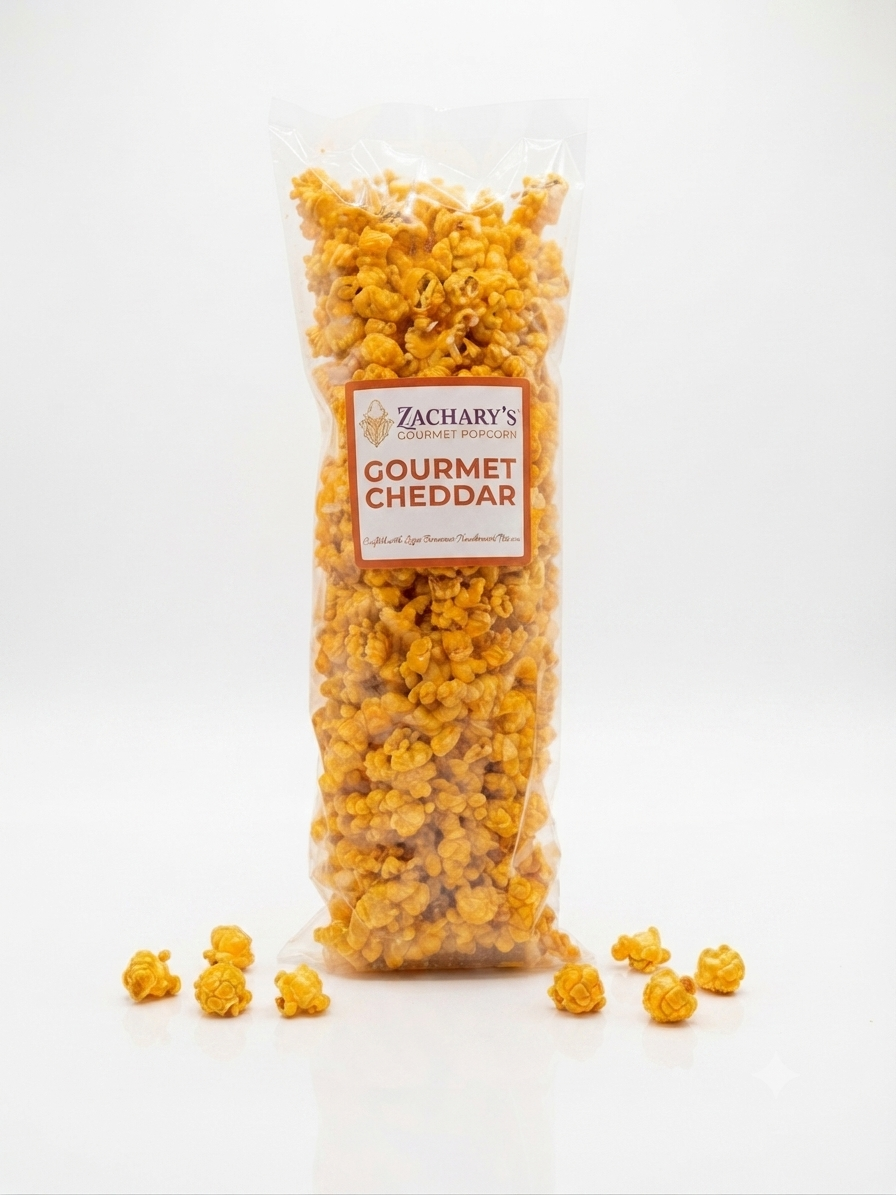 Zachary's Gourmet Cheddar Popcorn – Single large tall bag packed with real aged cheddar popcorn, with loose kernels at the base