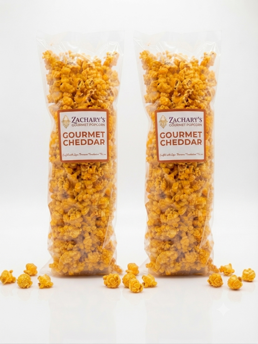Zachary's Gourmet Cheddar Popcorn – Two large bags of gourmet cheddar popcorn standing side by side with scattered kernels at the base