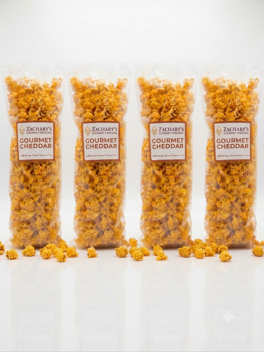 Zachary's Gourmet Cheddar Popcorn – Four large bags of bold cheddar popcorn lined up in a row, perfect for parties or bulk gifting
